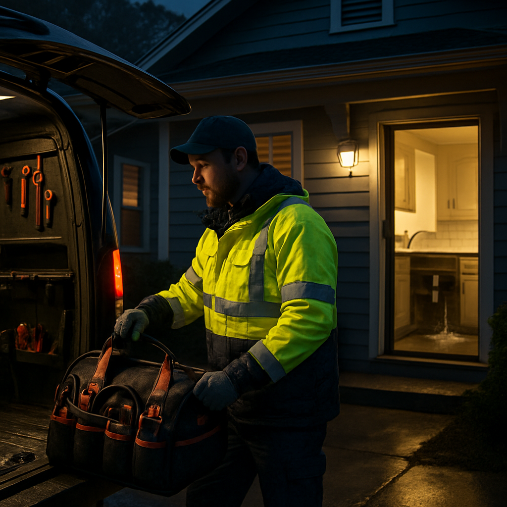Photo realistic image of an emergency plumber at night outside a Portland house, technician in refle