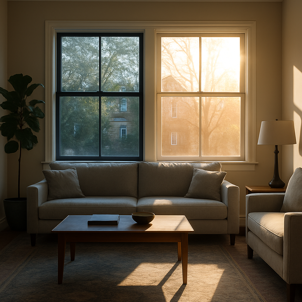 Photo realistic image of a west-facing Albany living room with afternoon sunlight streaming through