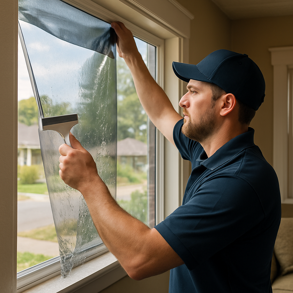 Professional installer fitting spectrally selective window film on a west-facing living room window