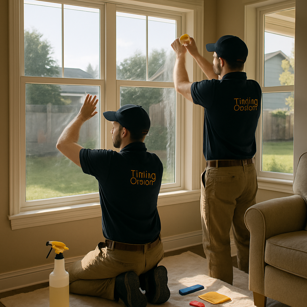 Two professional installers from Tinting Oregon applying residential window film in an Albany living