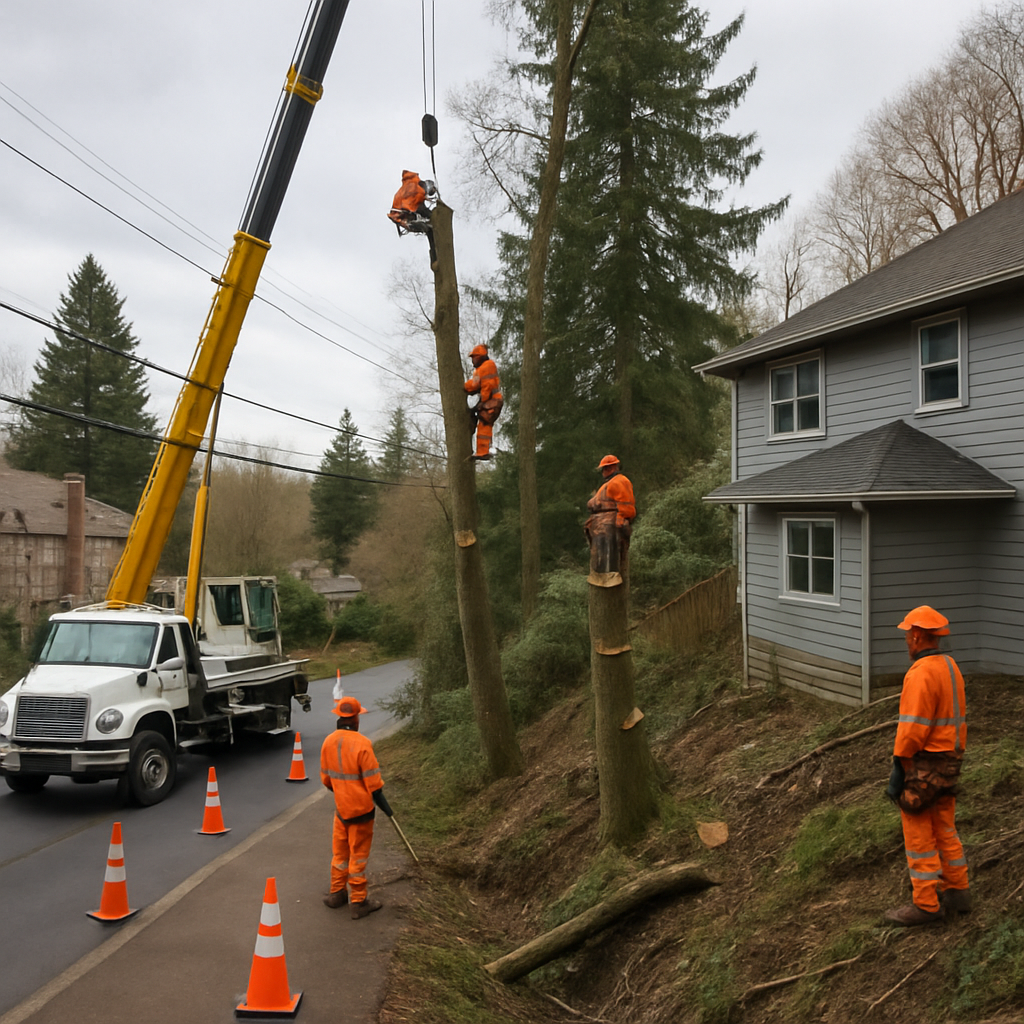 Professional tree removal crew in Lake Oswego working on a steep backyard with crane and traffic con