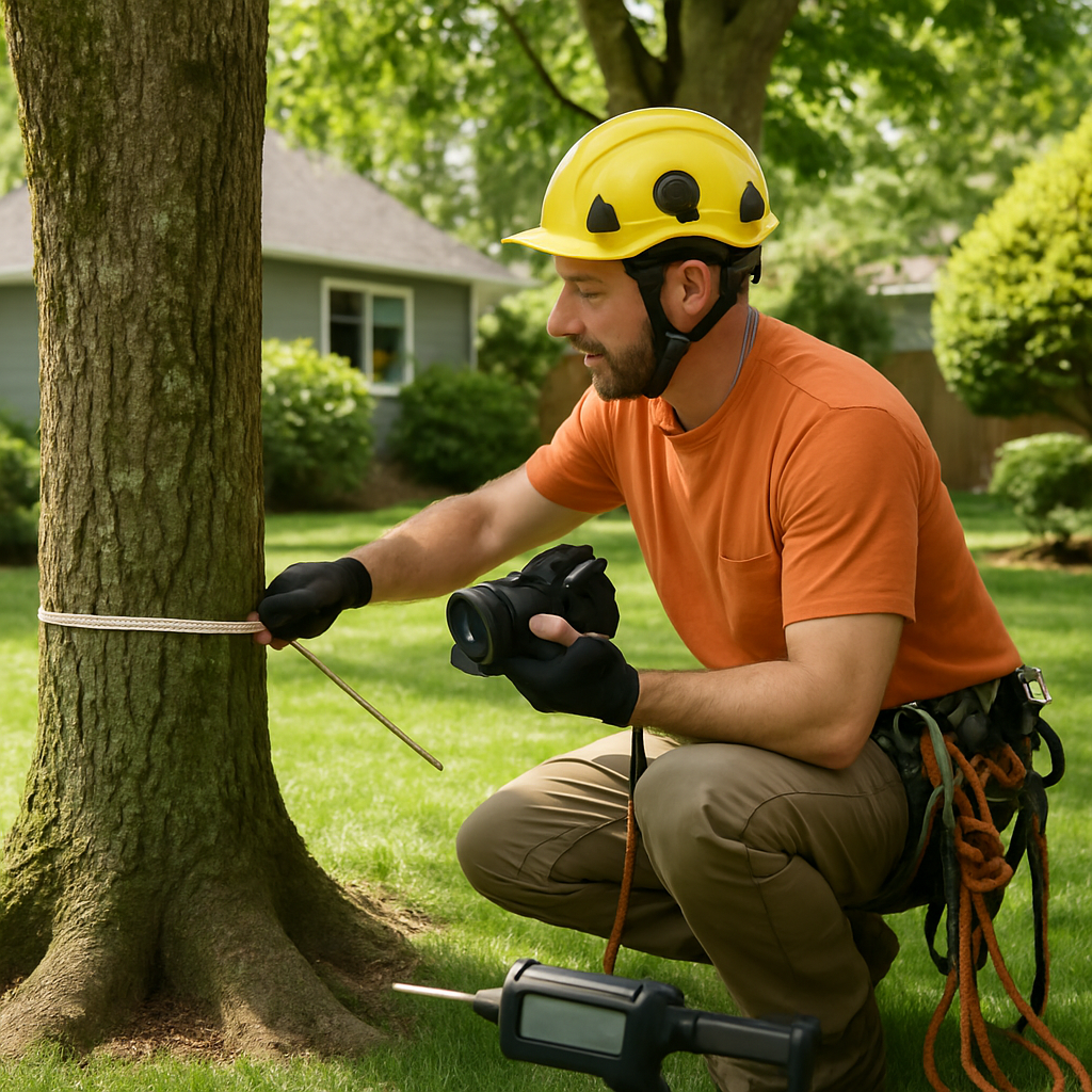 Professional arborist conducting an on-site tree assessment in a Lake Oswego residential yard, measu