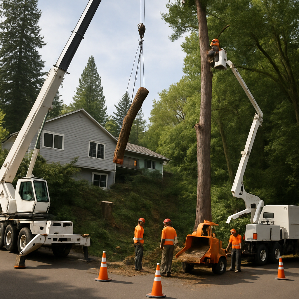Photo realistic image of a professional tree crew in Lake Oswego removing a large tree on a steep ba