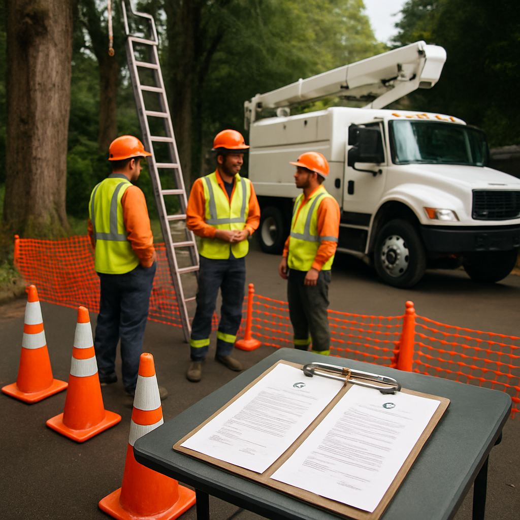 A professional tree crew in Lake Oswego preparing a job: crew in high-visibility gear, ladder and bu