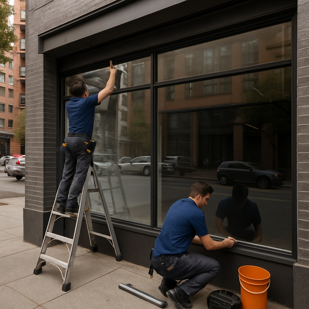 Photorealistic photo of a Portland storefront in the Pearl District with technicians applying spectr