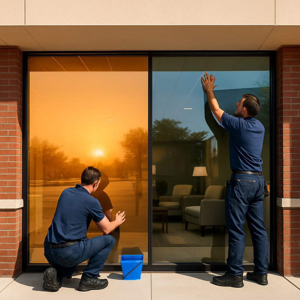 Professional photo realistic image of a commercial storefront with large west-facing glass, installe