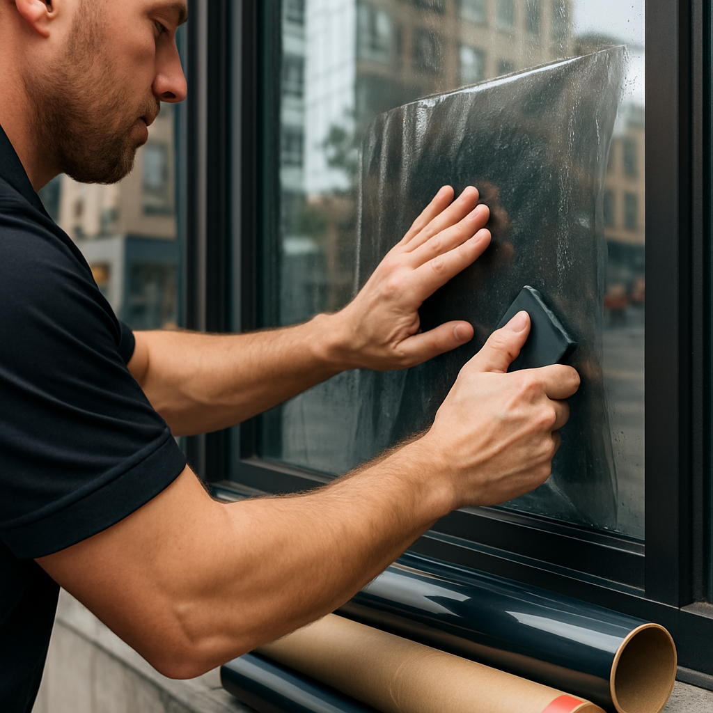 Professional installer applying commercial window film on a storefront window in an urban setting, c