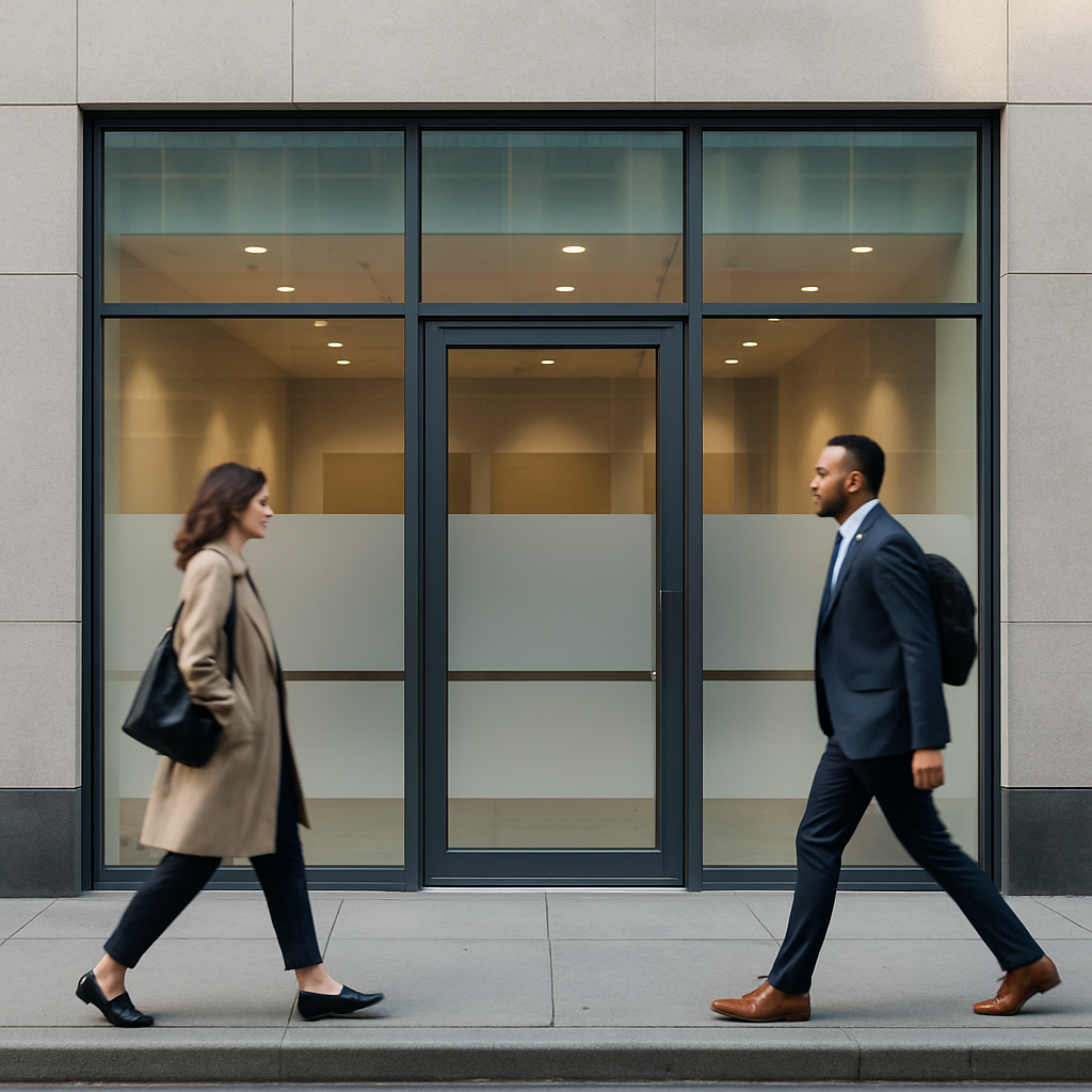 Photo-realistic image of a modern storefront with branded frosted bands and subtle spectrally select