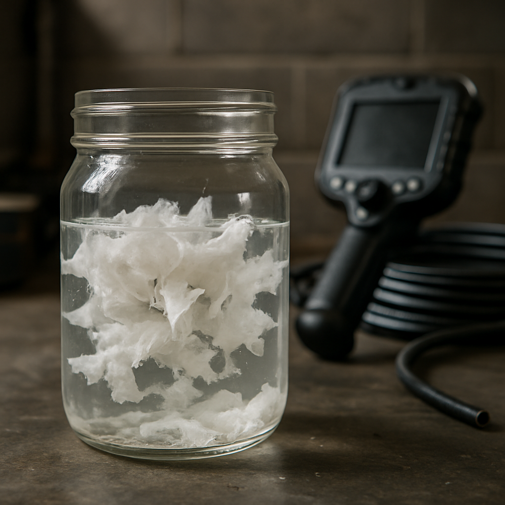 Close-up photo realistic image of a clear glass jar half filled with water and several toilet paper
