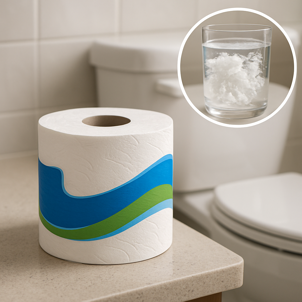 Photo-realistic image of a roll of Scott Rapid-Dissolving Bath Tissue on a bathroom counter next to