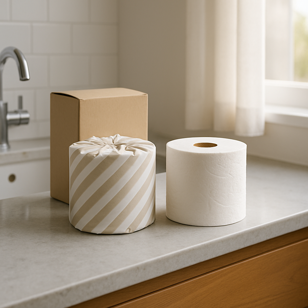 Photo-realistic product shot of a Who Gives A Crap Original recycled toilet paper roll and its cardb
