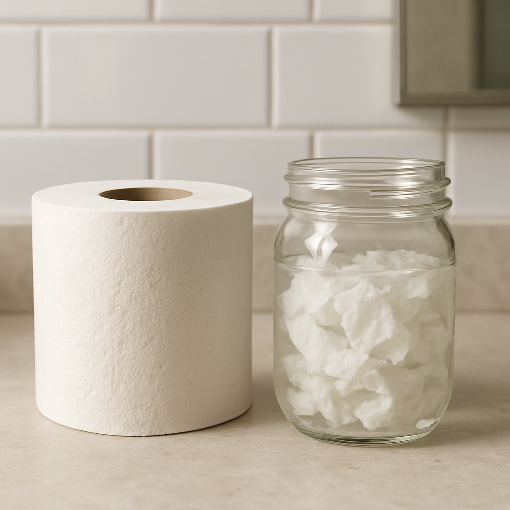 Photo realistic image of a Caboo Tree Free bamboo toilet paper roll on a bathroom counter next to a
