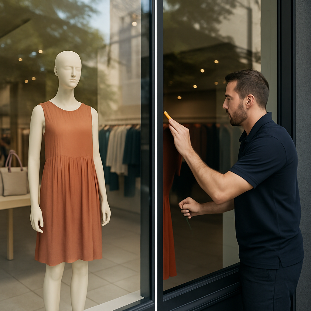 Before-and-after photo of a retail storefront: left side shows untreated glass with visible glare an
