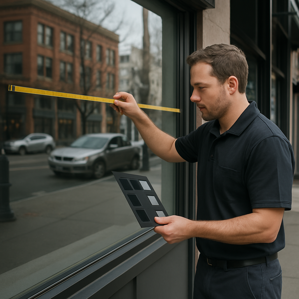 Photo realistic image of a storefront installer measuring large west-facing display window and holdi