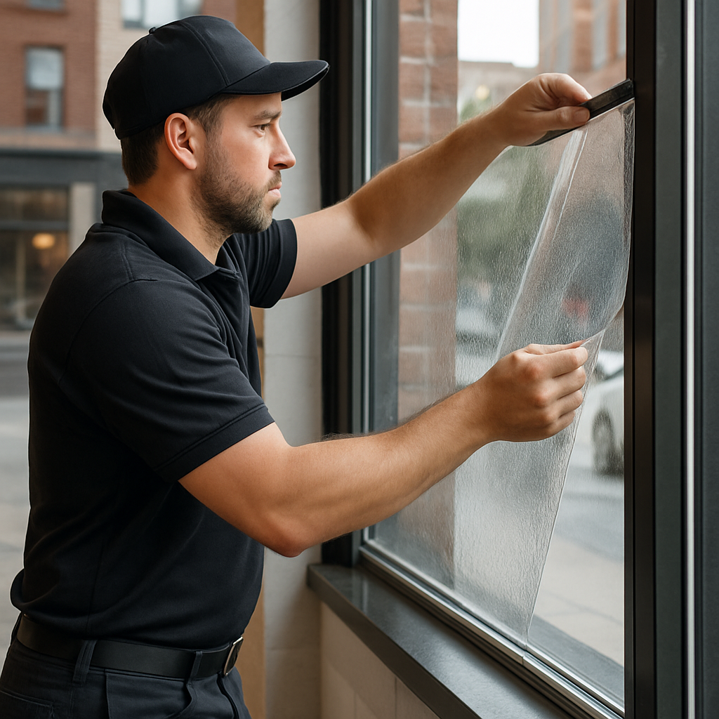 Professional installer applying security/anti-shatter window film to a retail storefront glass from