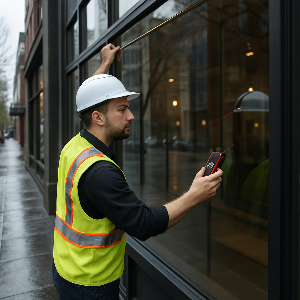 Professional installer from a certified window film company measuring a large retail storefront wind