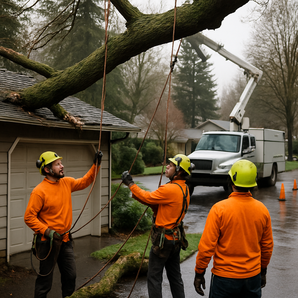 Photo realistic image of a licensed arborist crew using rope-and-pulley rigging to remove a large br