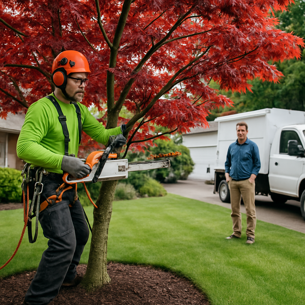 Photo realistic image of a certified arborist in safety gear performing selective crown pruning on a