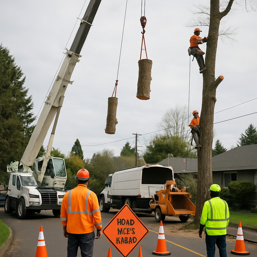 Photo realistic image of a professional tree crew in Tigard performing a sectional tree removal usin