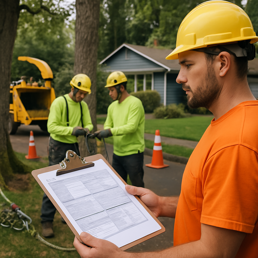 Photo realistic image of a Tigard front-yard tree job where a crew lead holds a clipboard showing in