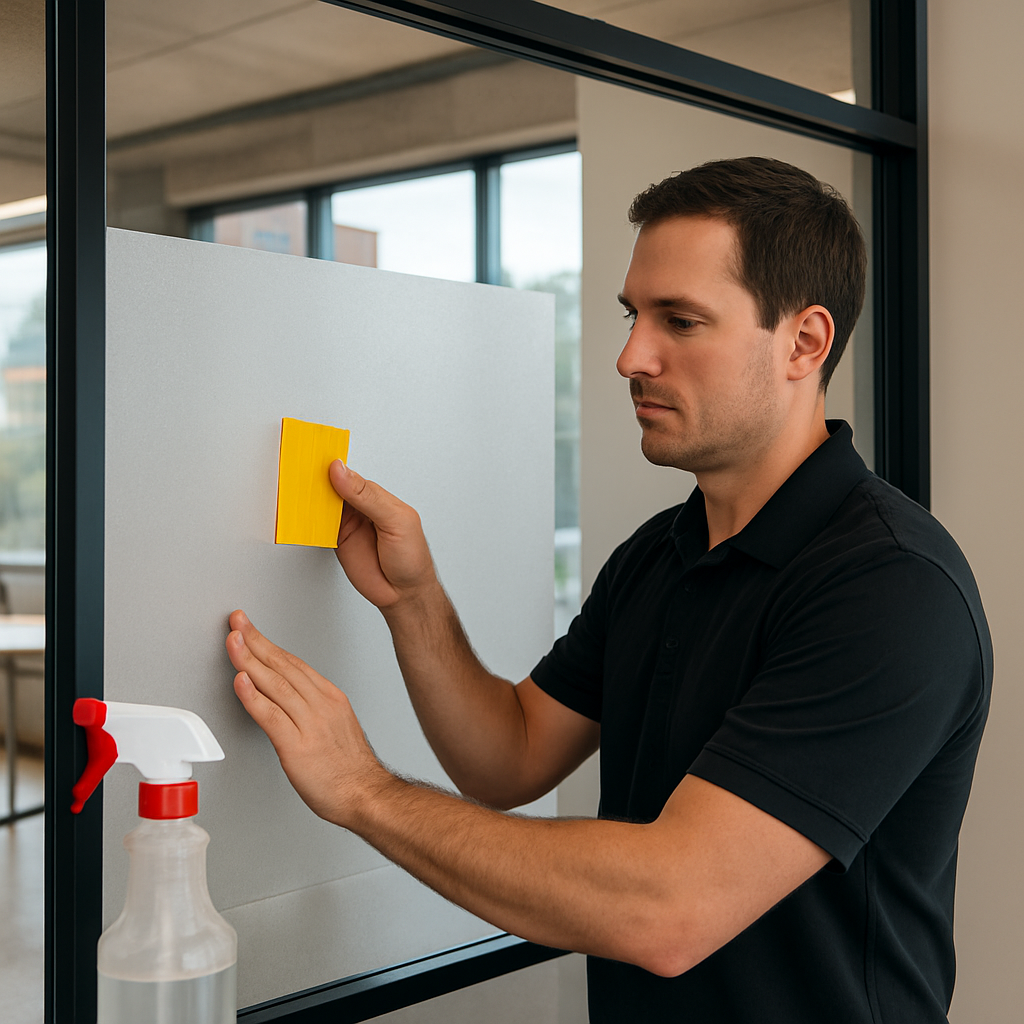 Professional installer applying 3M Fasara frosted decorative privacy film to an interior office glas