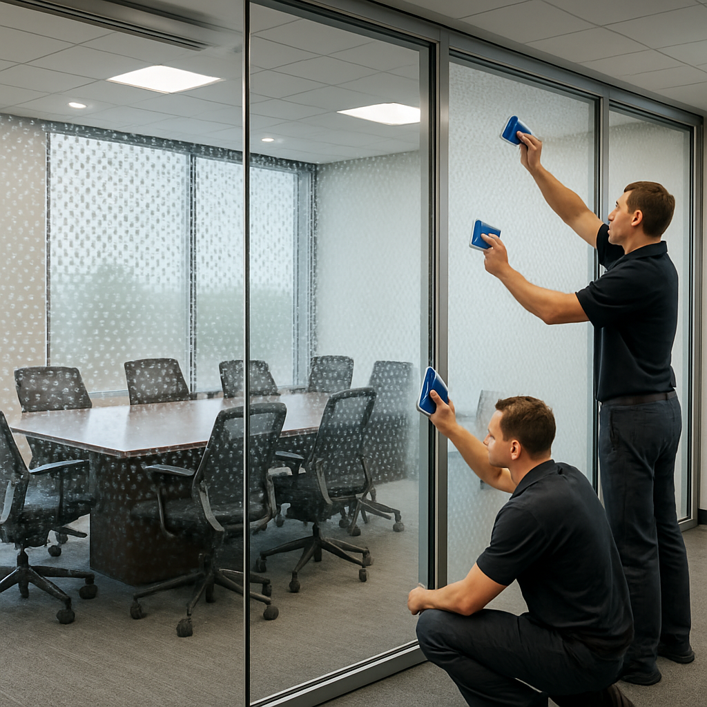 A professional-grade office conference room with floor-to-ceiling glass partitions fitted with patte