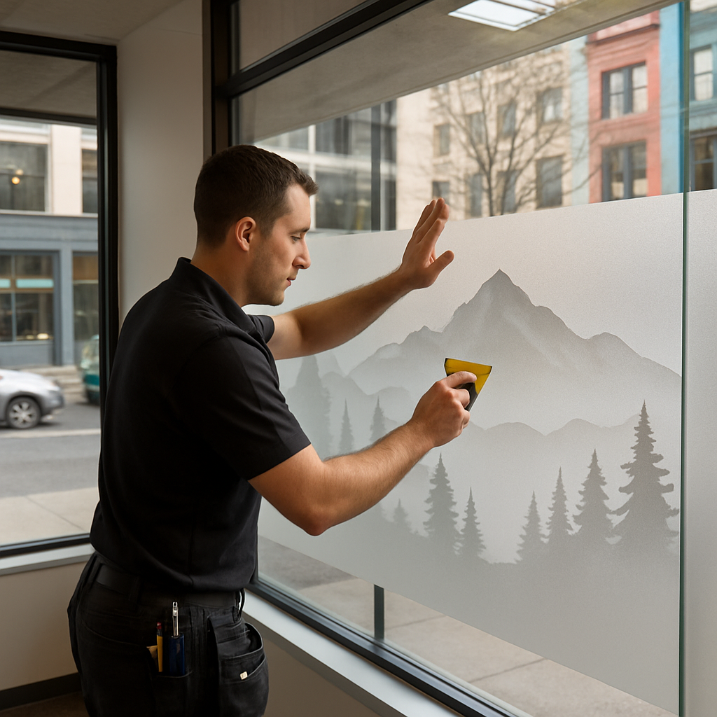 Professional installer applying frosted decorative privacy film to an office interior glass partitio