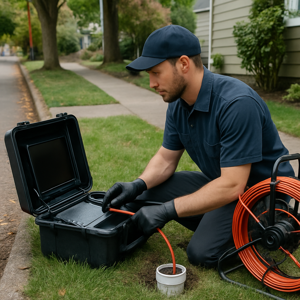 Photorealistic image of a plumber inserting a sewer camera into an outdoor cleanout beside a residen