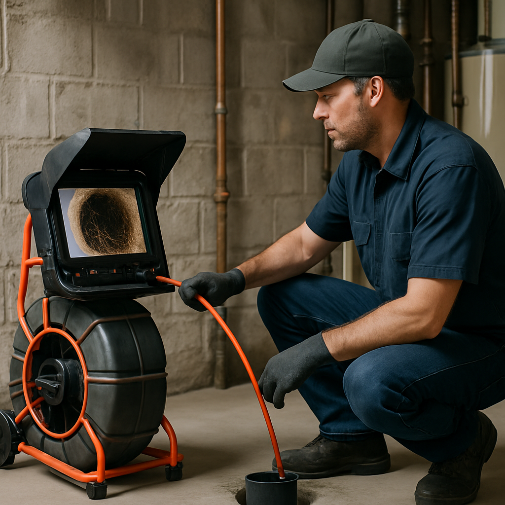 Photo realistic image of a Portland plumber using a sewer camera in a residential basement, camera m
