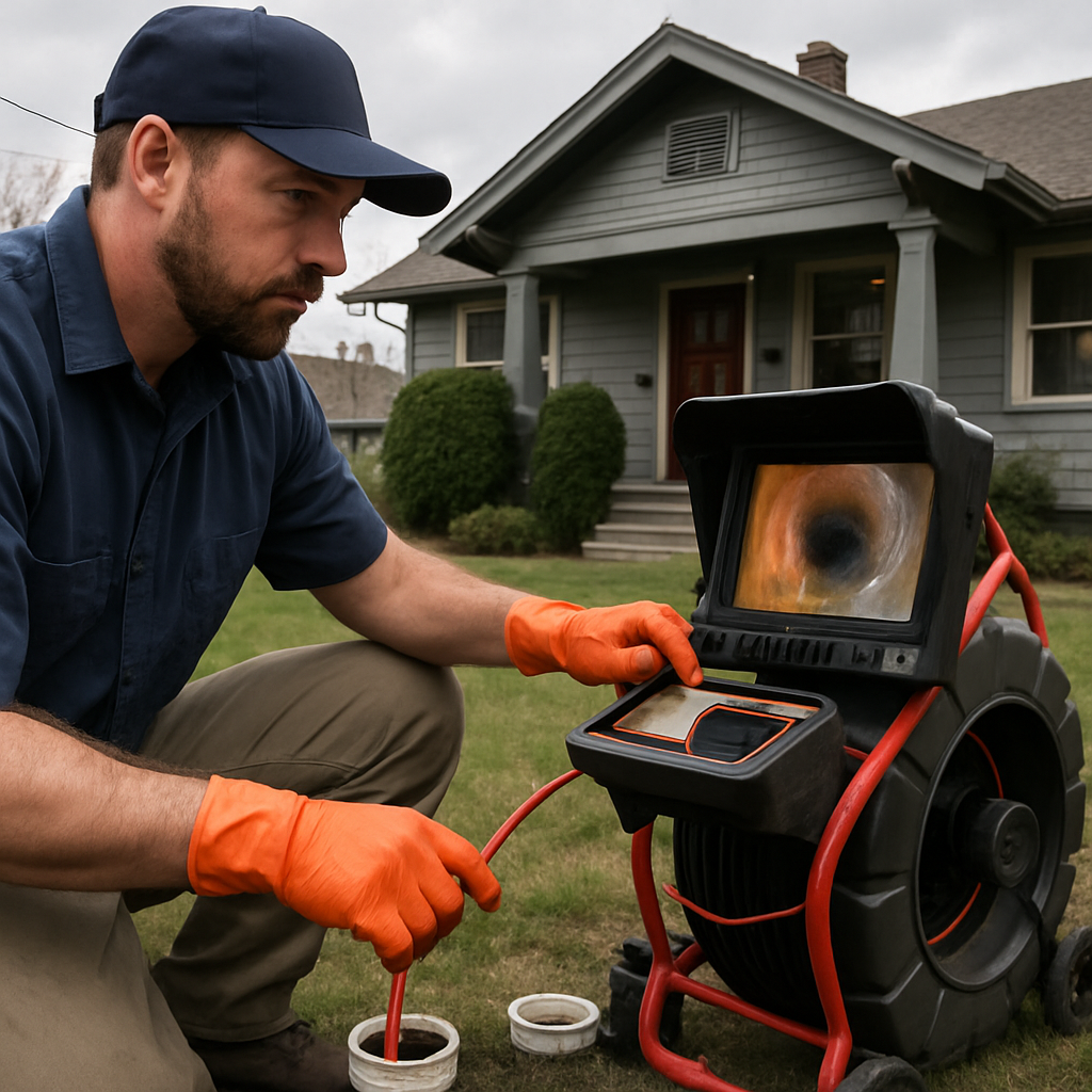 Photo realistic image of a Portland plumber performing a camera inspection inside a residential sewe