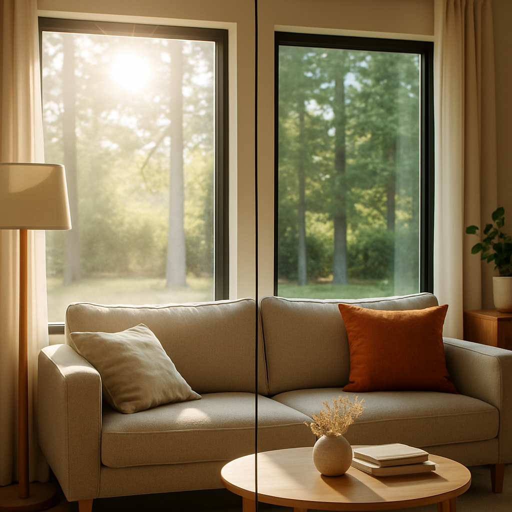 Photo realistic image of a residential living room with sunlight streaming through a large window; l