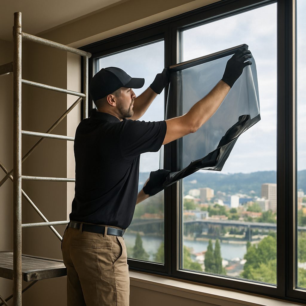 Professional installer applying ceramic window film to a large west-facing living room window in Por