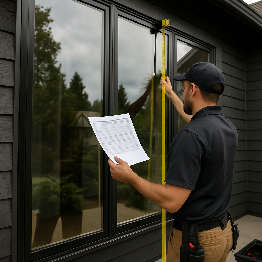 Professional installer measuring and documenting large residential window panels on a Portland home