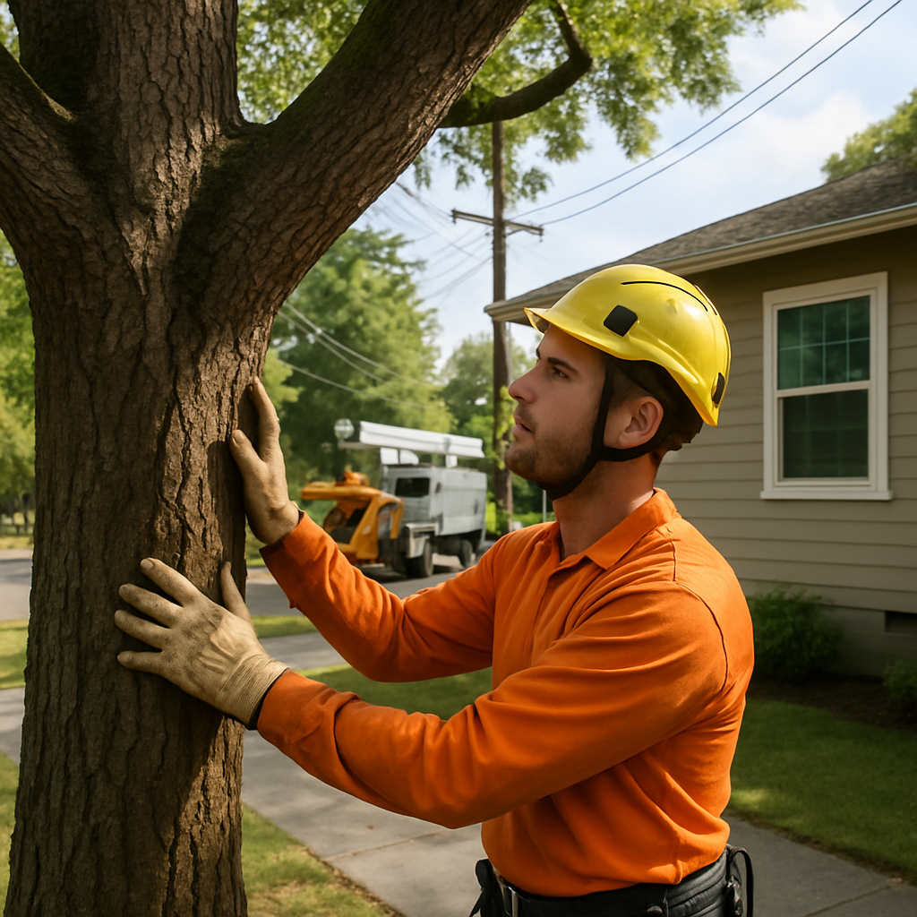 Professional arborist on a residential Beaverton property performing a tree risk assessment near a h