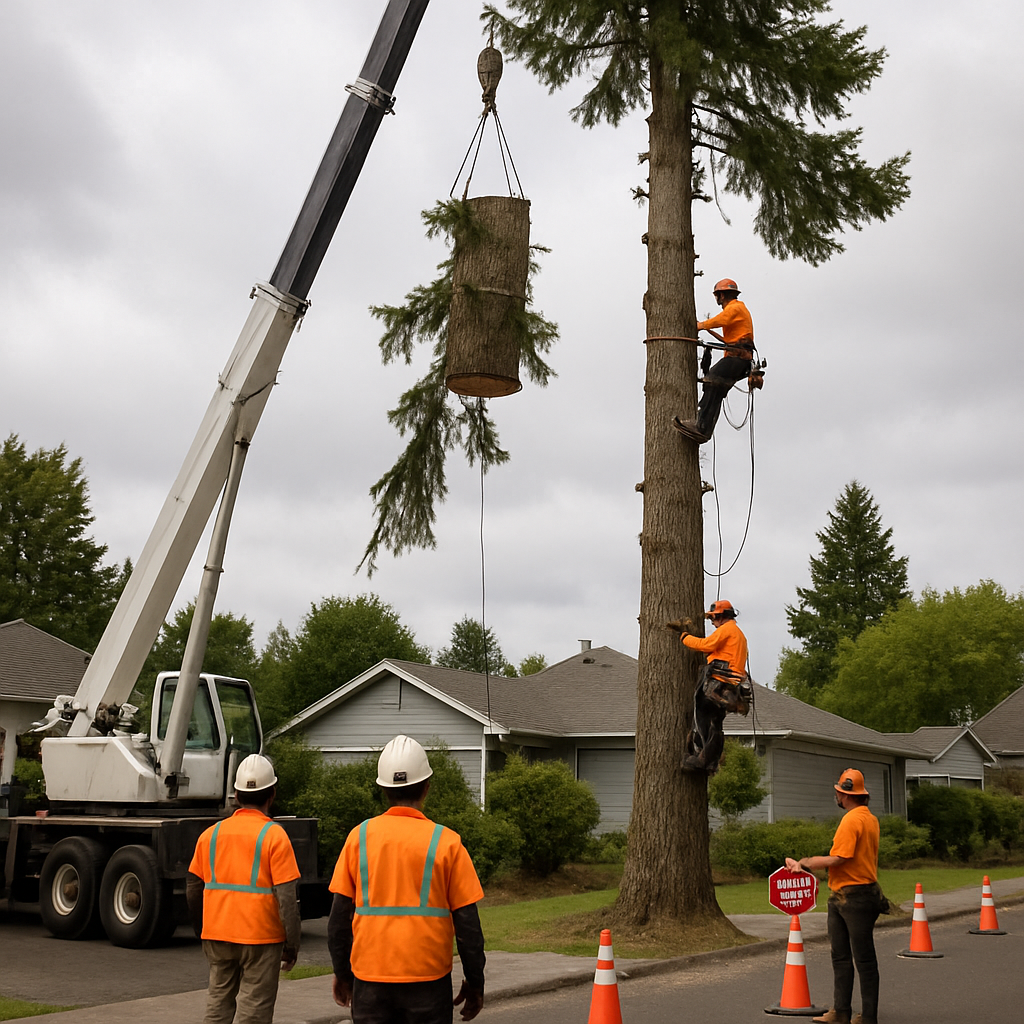 Professional arborist crew removing a large Douglas fir in a residential Beaverton yard with crane a