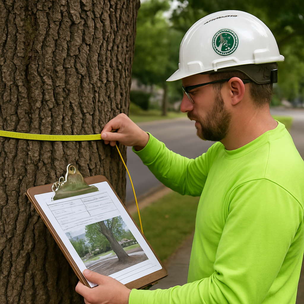 Photo realistic image of an ISA Certified Arborist in Beaverton measuring a large oak trunk with dia