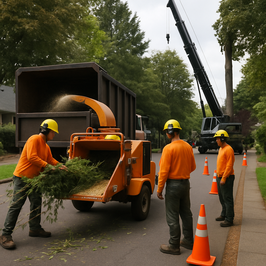 Photo realistic image of a professional tree crew in Beaverton using a chipper and wearing safety ge