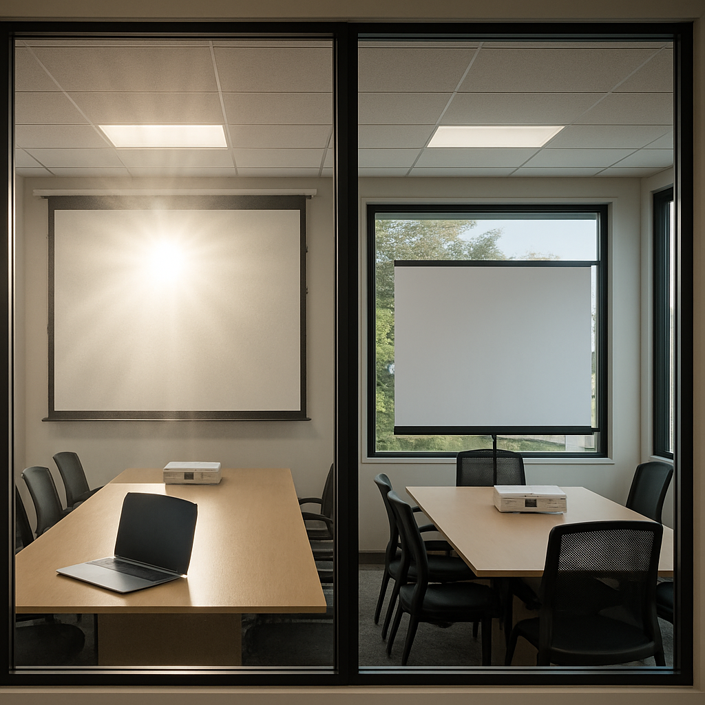 Photo realistic image of an office interior showing two adjacent conference room windows: left windo