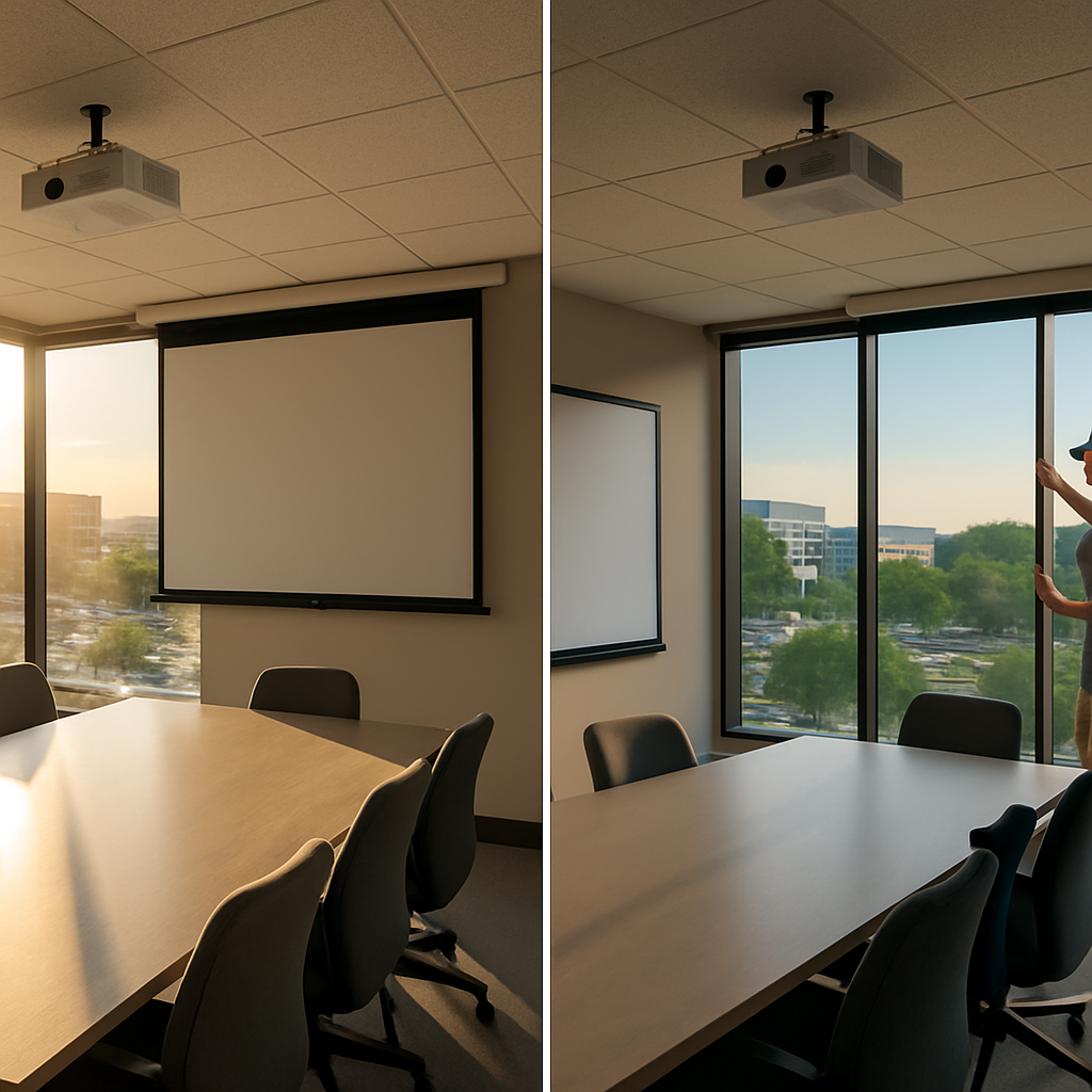 Office interior showing a west-facing conference room before and after installation of spectrally se