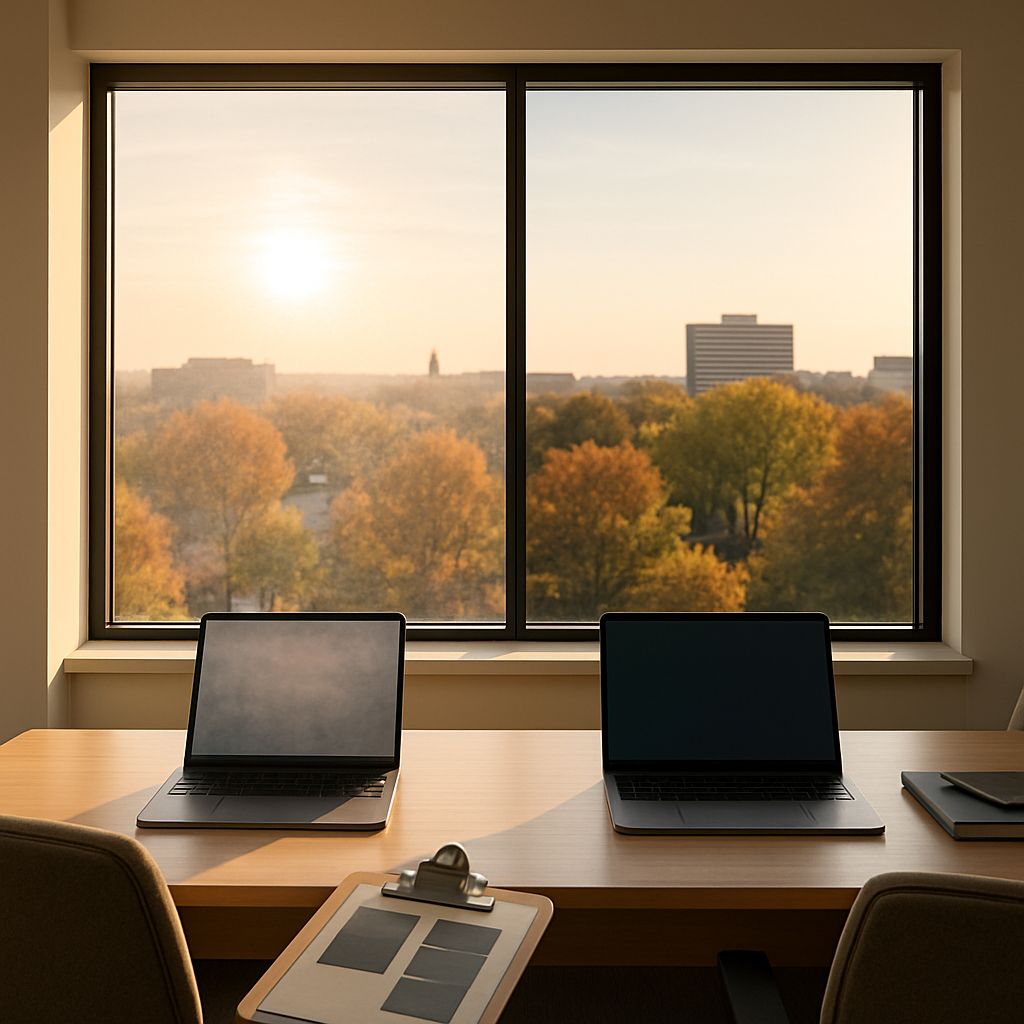 Photo-realistic interior office scene showing a large west-facing storefront window split into two p