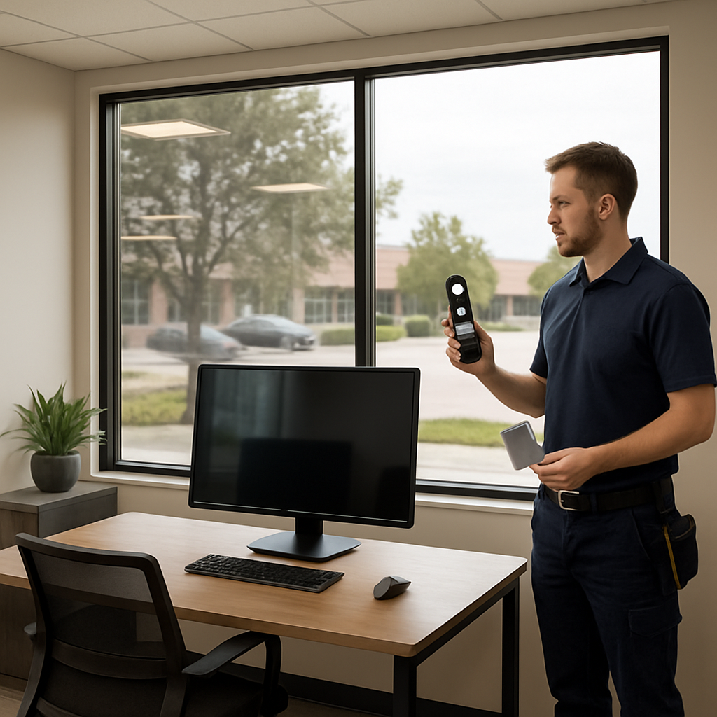 Professional office interior with a large storefront window showing a split view: left half untreate