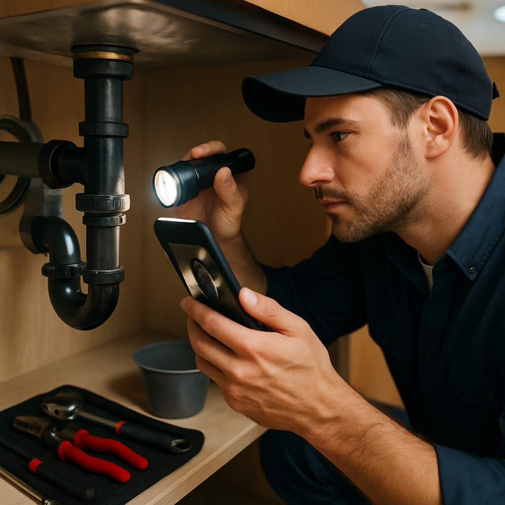 Photo realistic image of a plumber checking a P-trap under a kitchen sink with a flashlight and taki