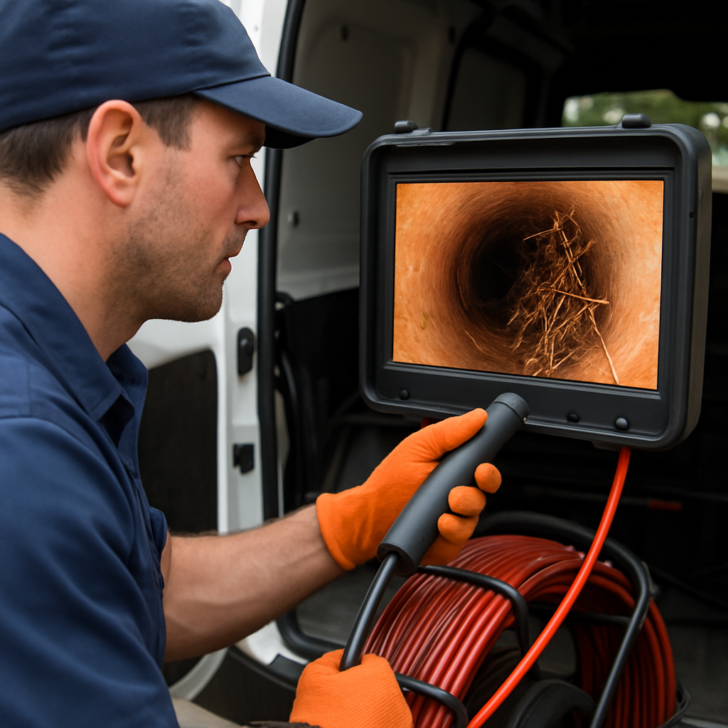Photo realistic image of a plumber operating a sewer camera on a van mounted monitor, close up of mo