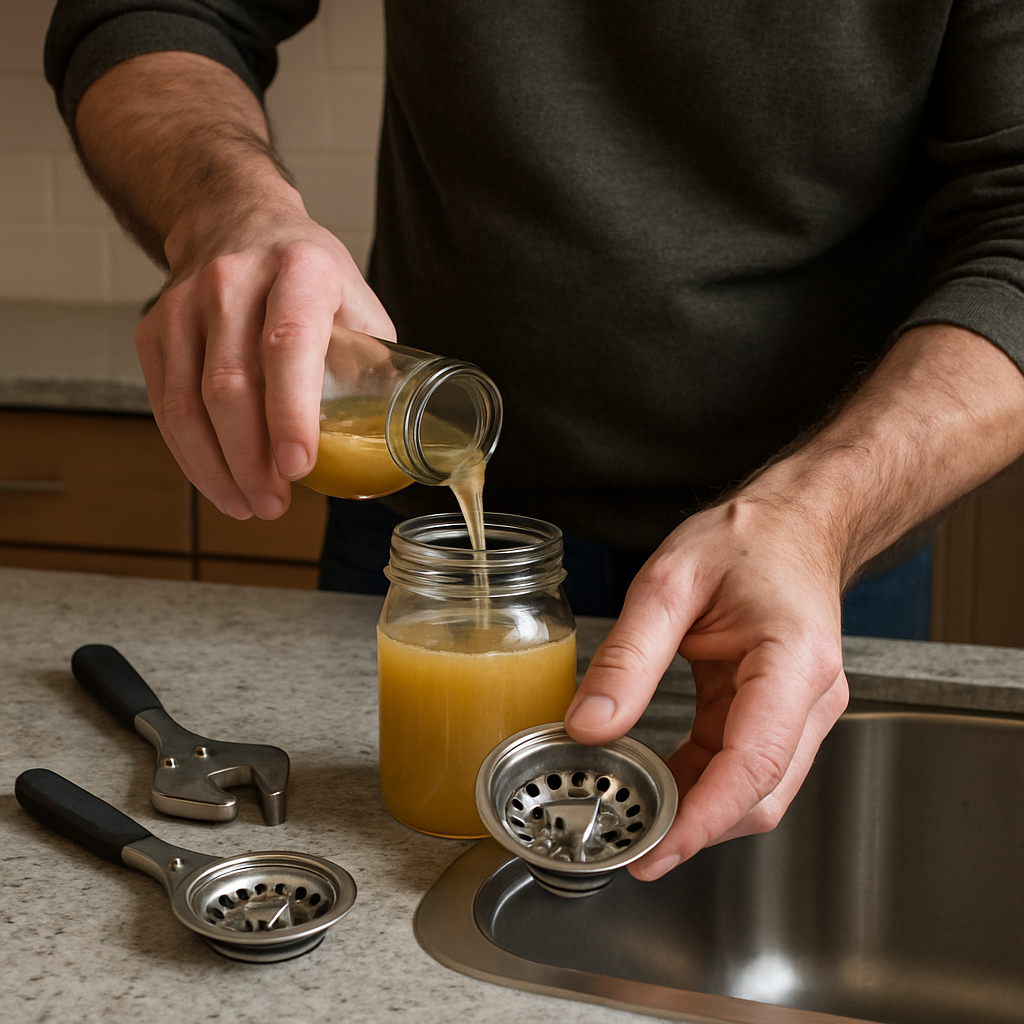 Photo realistic image of a homeowner replacing a stainless steel sink strainer and pouring cooled co