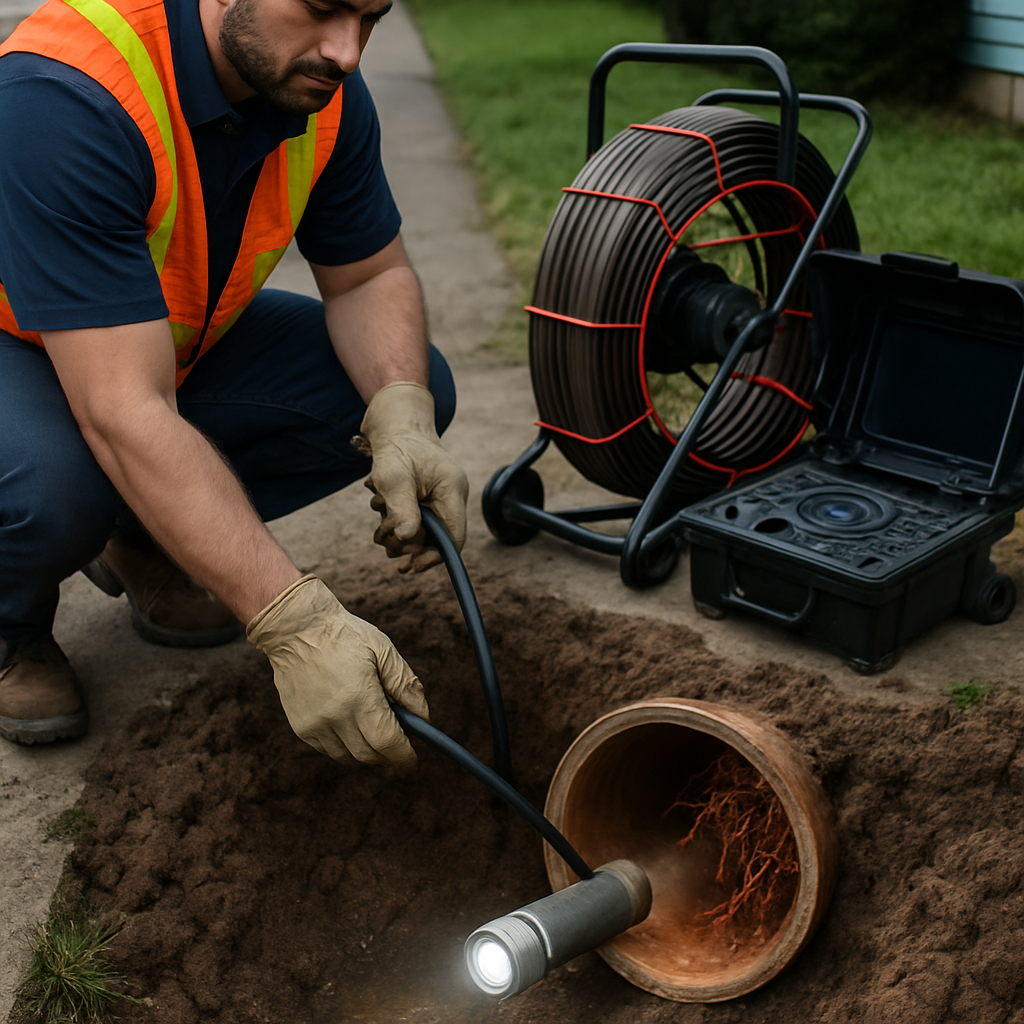 Technician performing a camera inspection of a residential sewer line in Portland, showing the camer