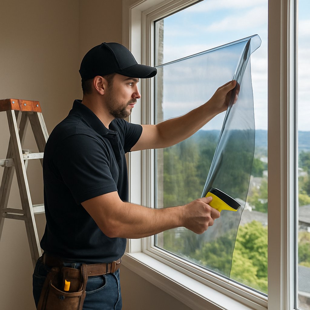 Photo realistic image of a professional installer applying spectrally selective low-e window film to