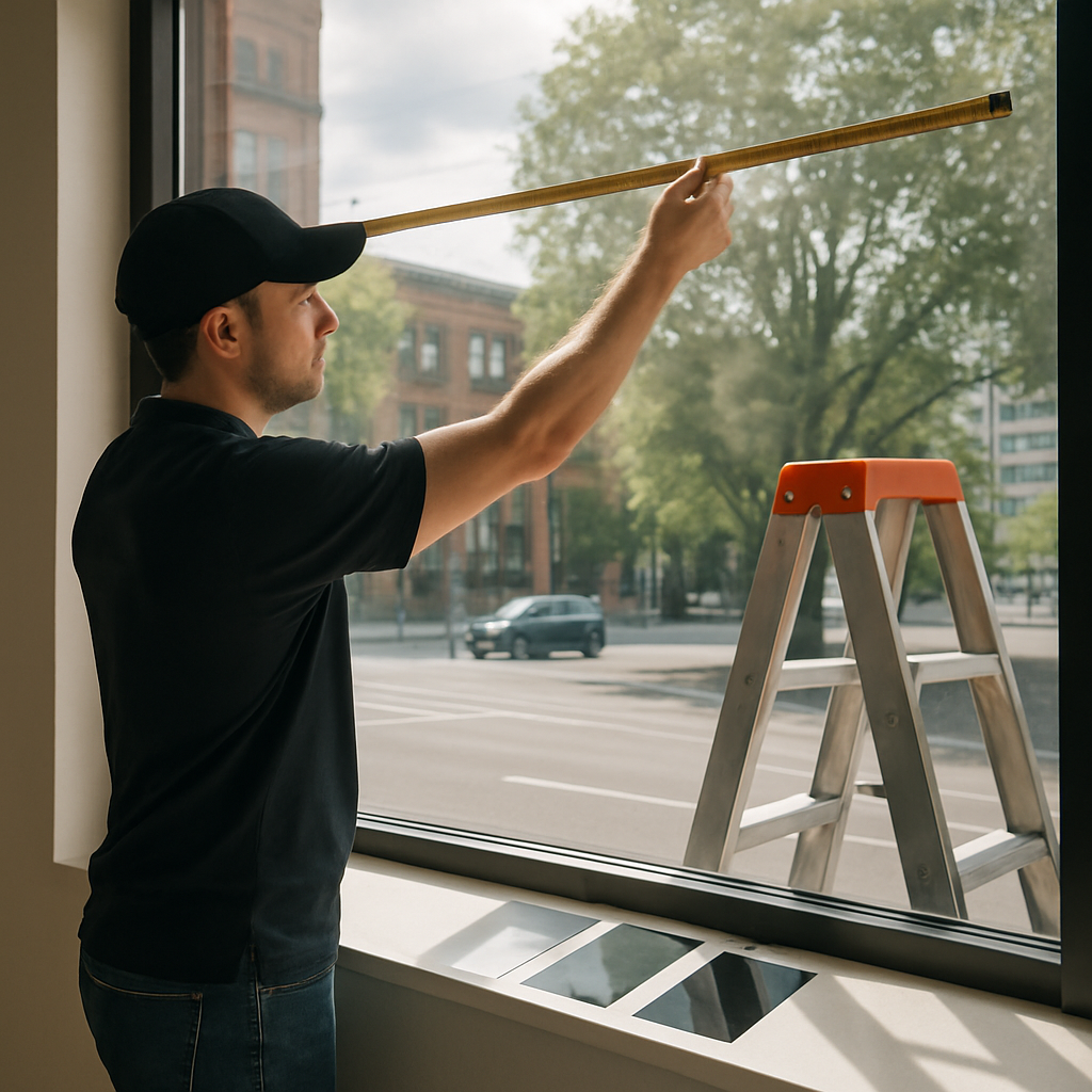 Photo-realistic image of a Tinting Oregon installer measuring a large west-facing storefront window