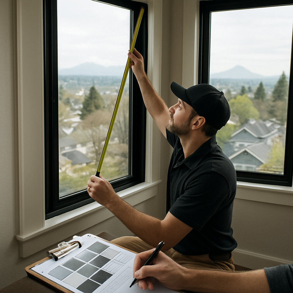 Professional window film installer measuring windows and filling rebate paperwork at a Portland resi