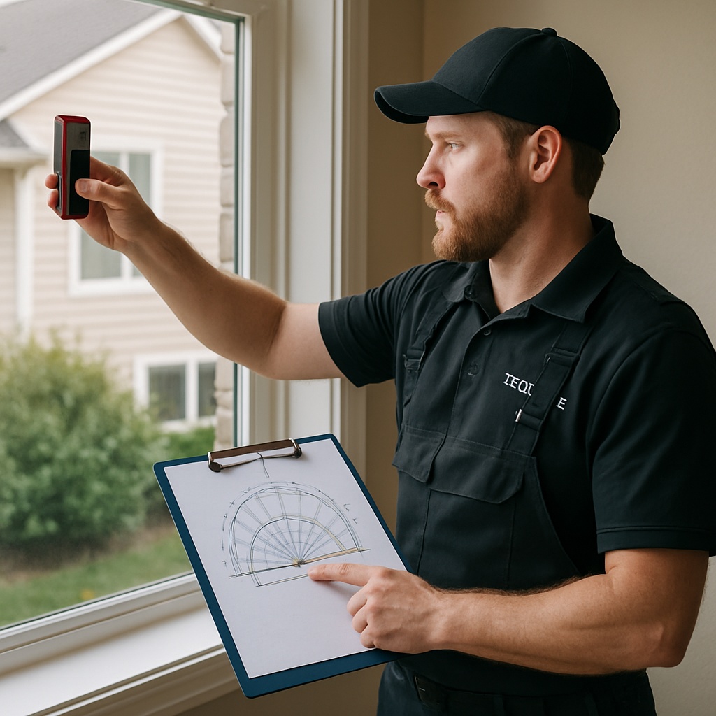 A professional Tinting Oregon technician on site measuring windows with a laser measure and pointing
