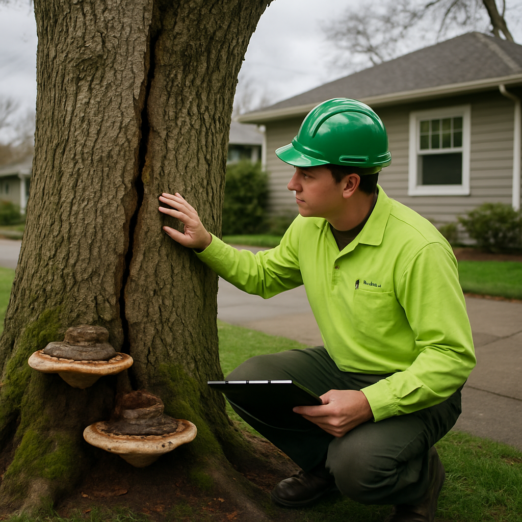 Photo of a certified arborist inspecting a large urban tree in Portland with visible fungal conks at